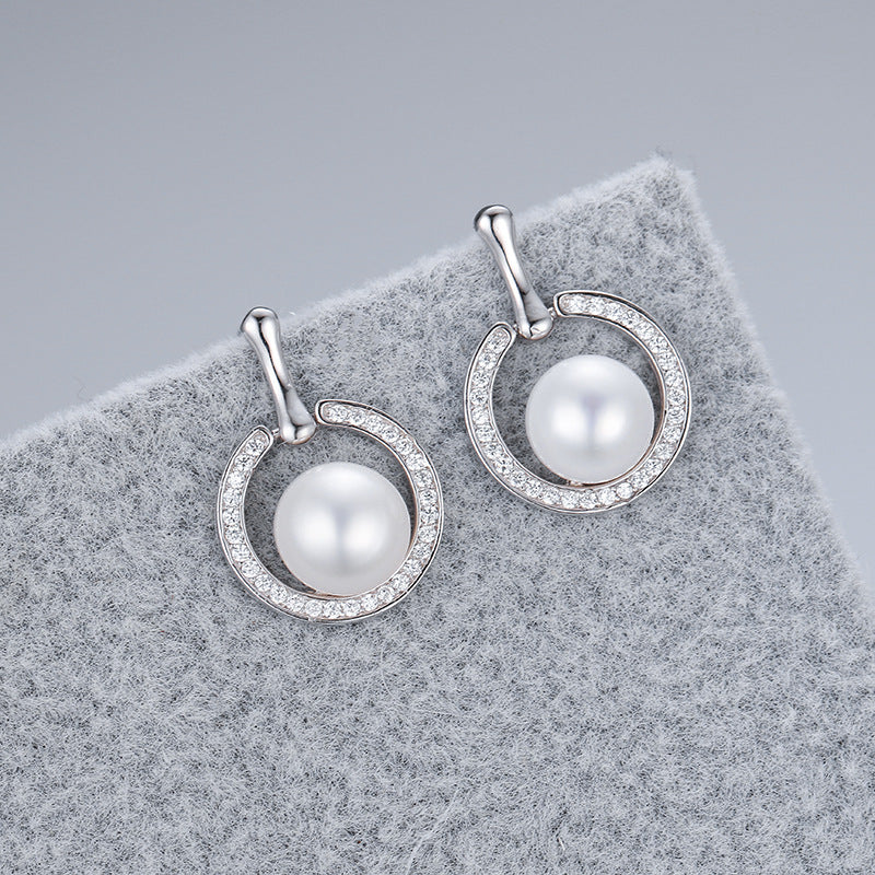 Freshwater Pearl Circle Pave Drop Stud Earrings