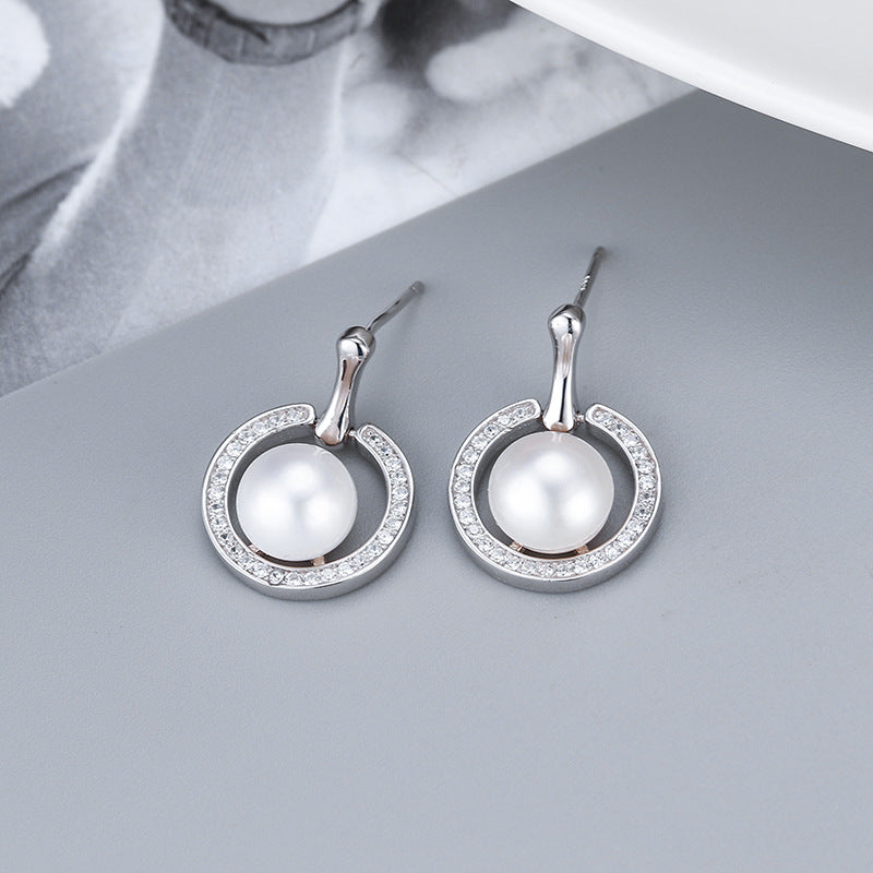 Freshwater Pearl Circle Pave Drop Stud Earrings