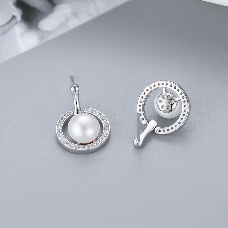 Freshwater Pearl Circle Pave Drop Stud Earrings