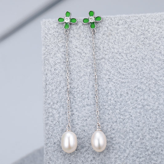 Clover Long Drop Freshwater Pearl Stud Earrings