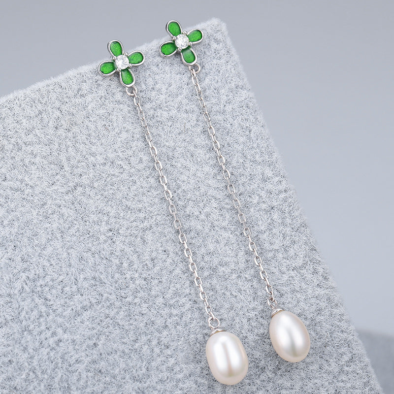 Clover Long Drop Freshwater Pearl Stud Earrings