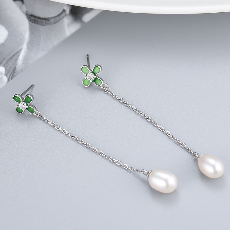 Clover Long Drop Freshwater Pearl Stud Earrings