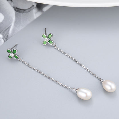 Clover Long Drop Freshwater Pearl Stud Earrings