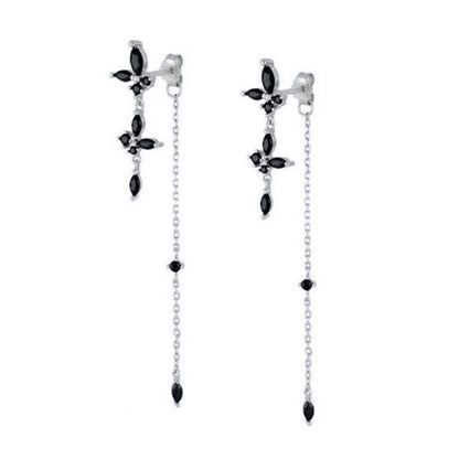 Black Butterfly Zirconia Dangle Double Sapphire Chain Stud Earrings