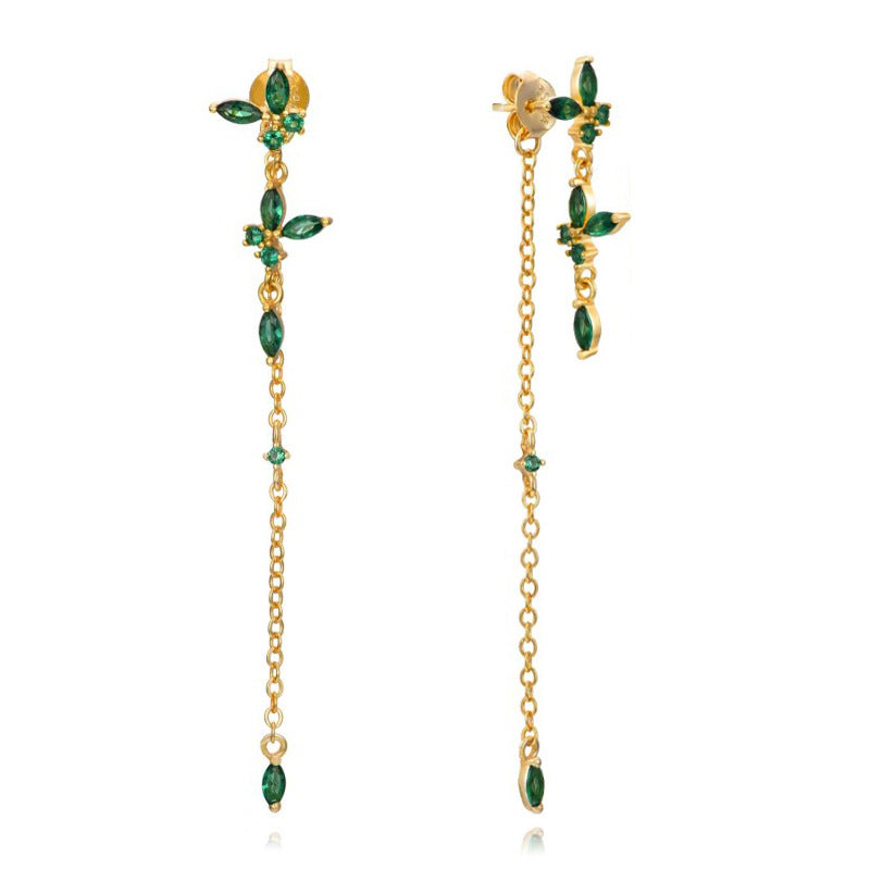 Emerald Butterfly Zirconia Dangle Double Sapphire Chain Stud Earrings