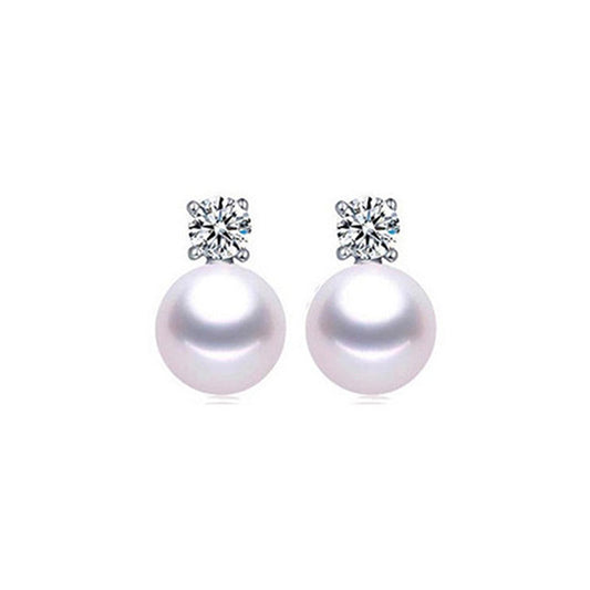 White Round Freshwater Pearl Diamond Stud Earrings