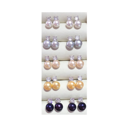 Pink Round Freshwater Pearl Diamond Stud Earrings