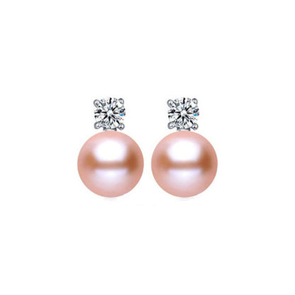 Pink Round Freshwater Pearl Diamond Stud Earrings