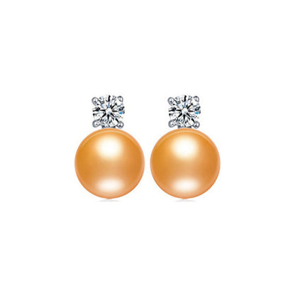 Gold Round Freshwater Pearl Diamond Stud Earrings