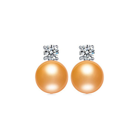 Gold Round Freshwater Pearl Diamond Stud Earrings