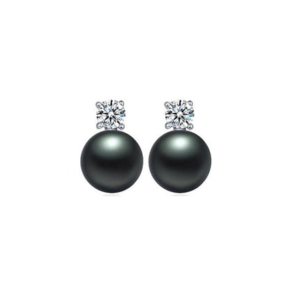 Black Round Freshwater Pearl Diamond Stud Earrings