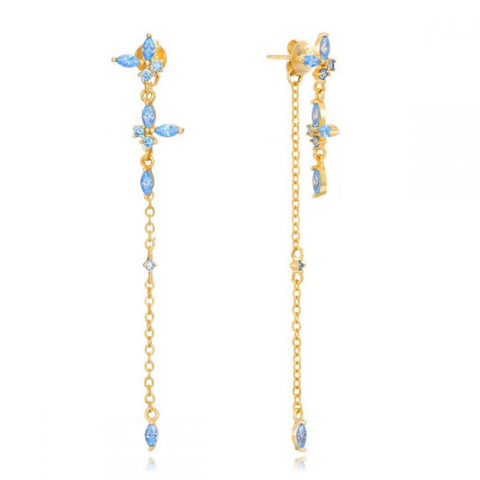 Light Blue Butterfly Zirconia Dangle Double Sapphire Chain Stud Earrings