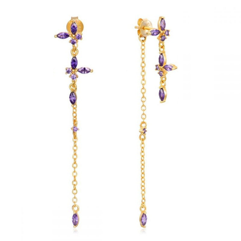 Purple Butterfly Zirconia Dangle Double Sapphire Chain Stud Earrings