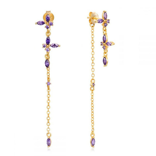 Purple Butterfly Zirconia Dangle Double Sapphire Chain Stud Earrings