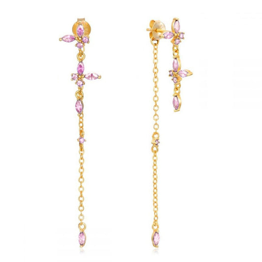 Pink Butterfly Zirconia Dangle Double Sapphire Chain Stud Earrings