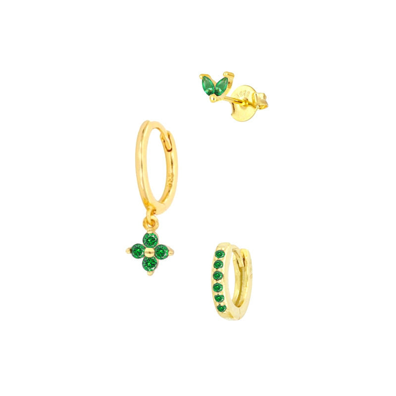 Emerald Clover Sapphire Hoop Odd Earrings (3 pieces)