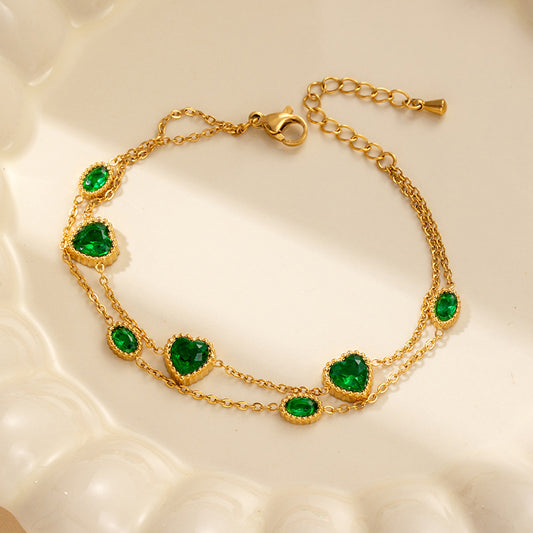 Emerald Lover Heart Double Chain Bracelet