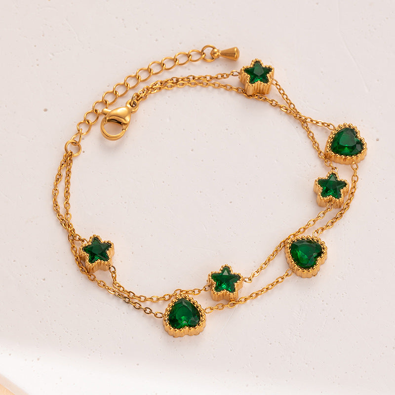 Emerald Lover Heart Star Double Chain Bracelet