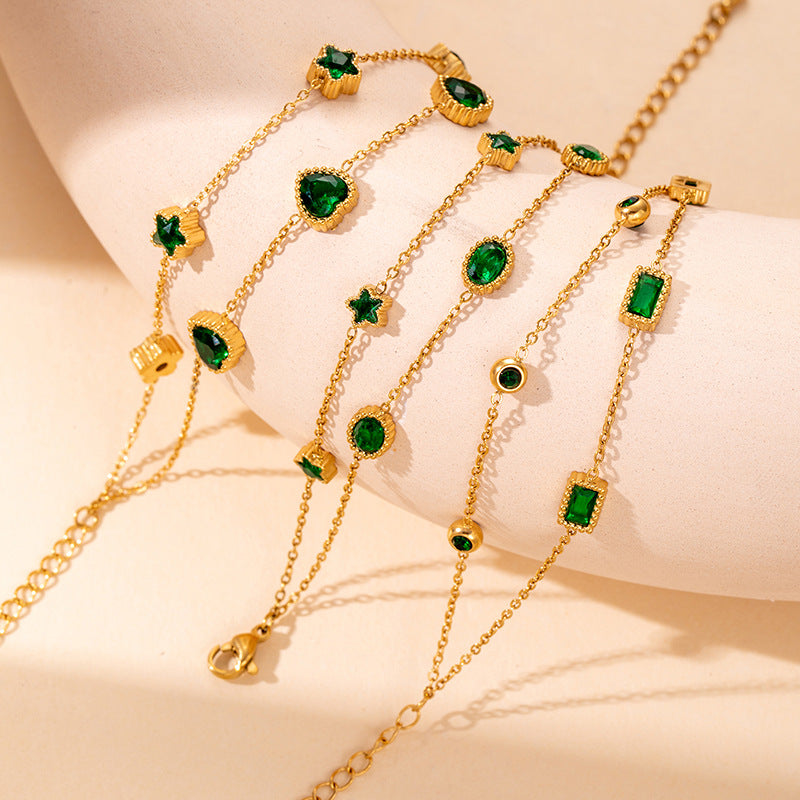 Emerald Lover Heart Star Double Chain Bracelet