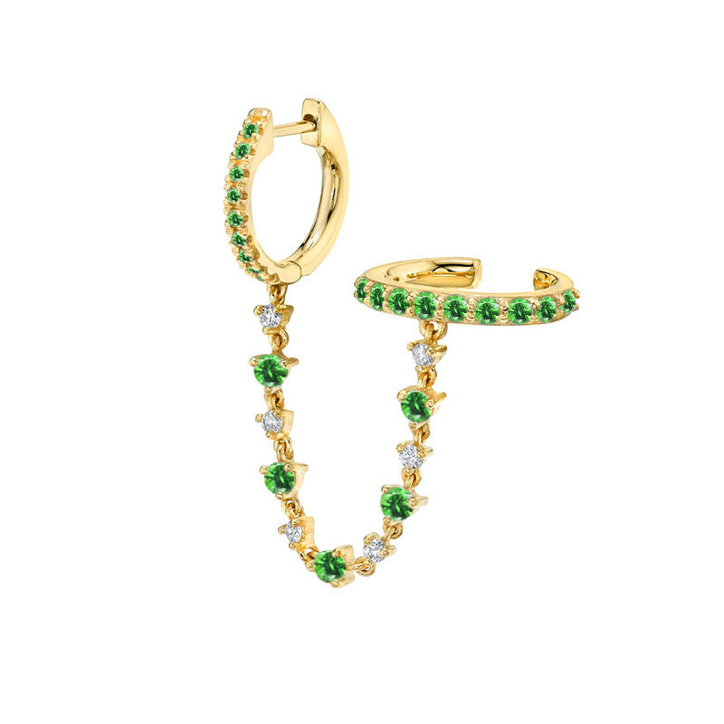 Emerald Sapphire Dangling One Piece Ear Chain Clip Earrings