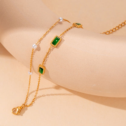 Freshwater Pearl Emerald Baguette Double Chain Bracelet