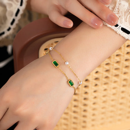 Freshwater Pearl Emerald Baguette Double Chain Bracelet