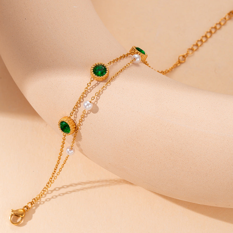 Freshwater Pearl Emerald Round Sapphire Double Chain Bracelet