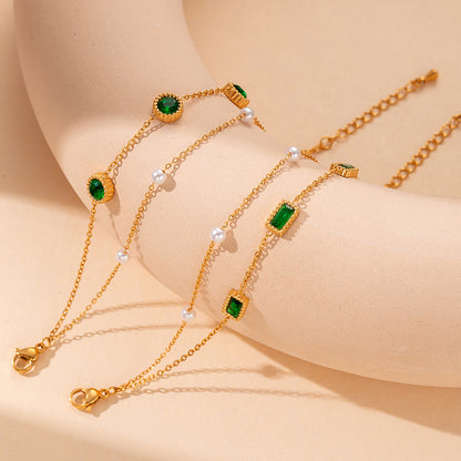 Freshwater Pearl Emerald Baguette Double Chain Bracelet