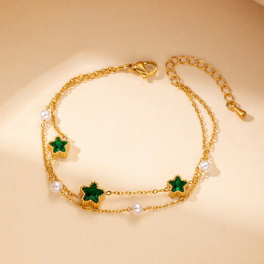 Freshwater Pearl Emerald Star Double Chain Bracelet