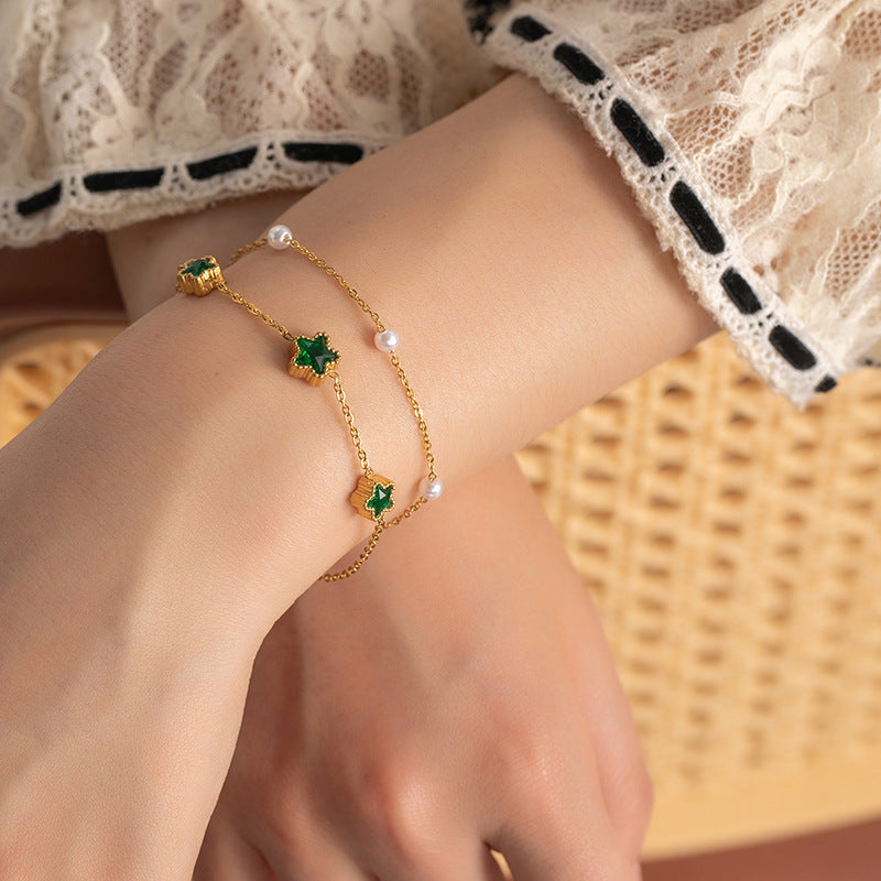 Freshwater Pearl Emerald Star Double Chain Bracelet