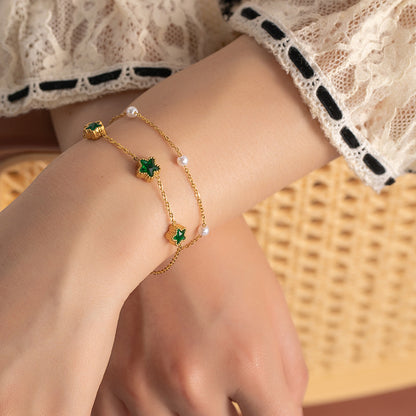 Freshwater Pearl Emerald Star Double Chain Bracelet