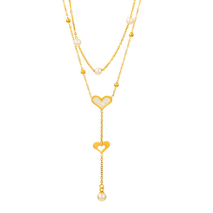 Freshwater Pearl Love Heart Drop Double Chain Necklace