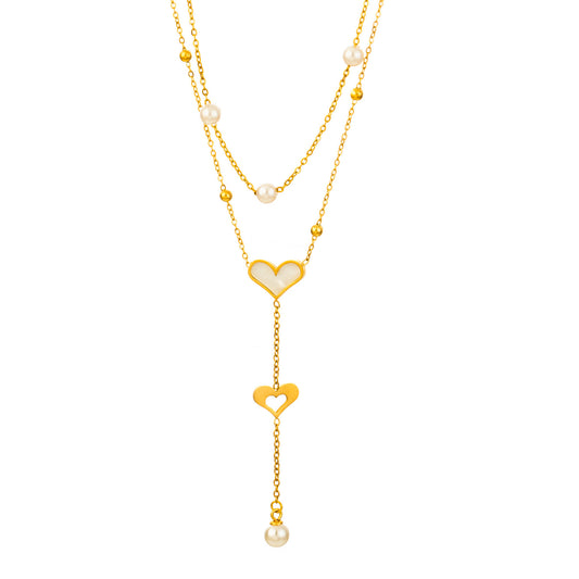 Freshwater Pearl Love Heart Drop Double Chain Necklace