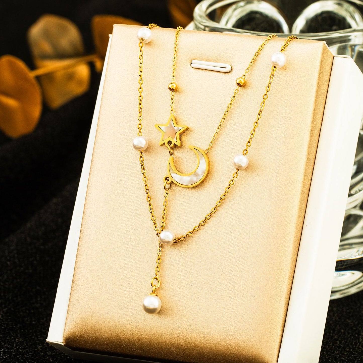 Freshwater Pearl Moon Star Double Chain Necklace