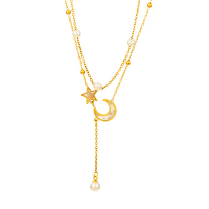 Freshwater Pearl Moon Star Double Chain Necklace