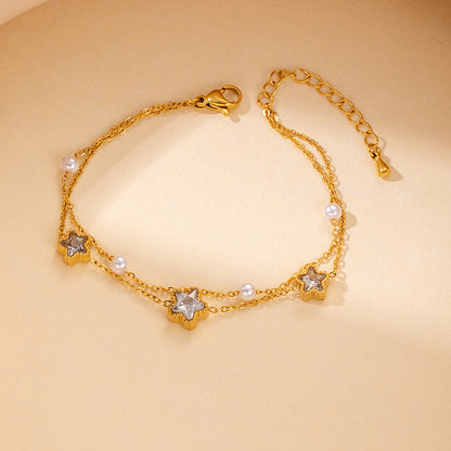 Freshwater Pearl Sapphire Star Double Chain Bracelet