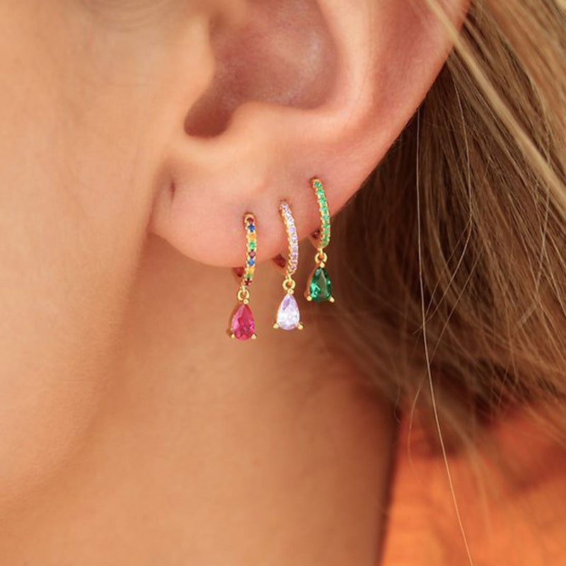 Classic Rainbow Teardrop Solitaire Huggie Earrings