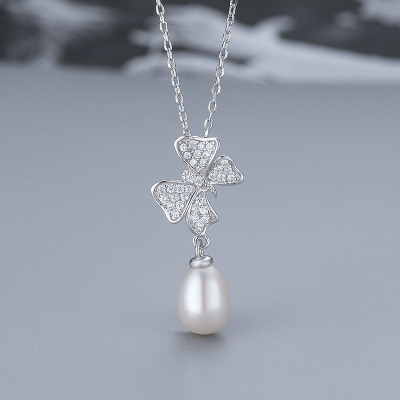 Rise Shape Freshwater Pearl Sapphire Bow Pendent Necklace