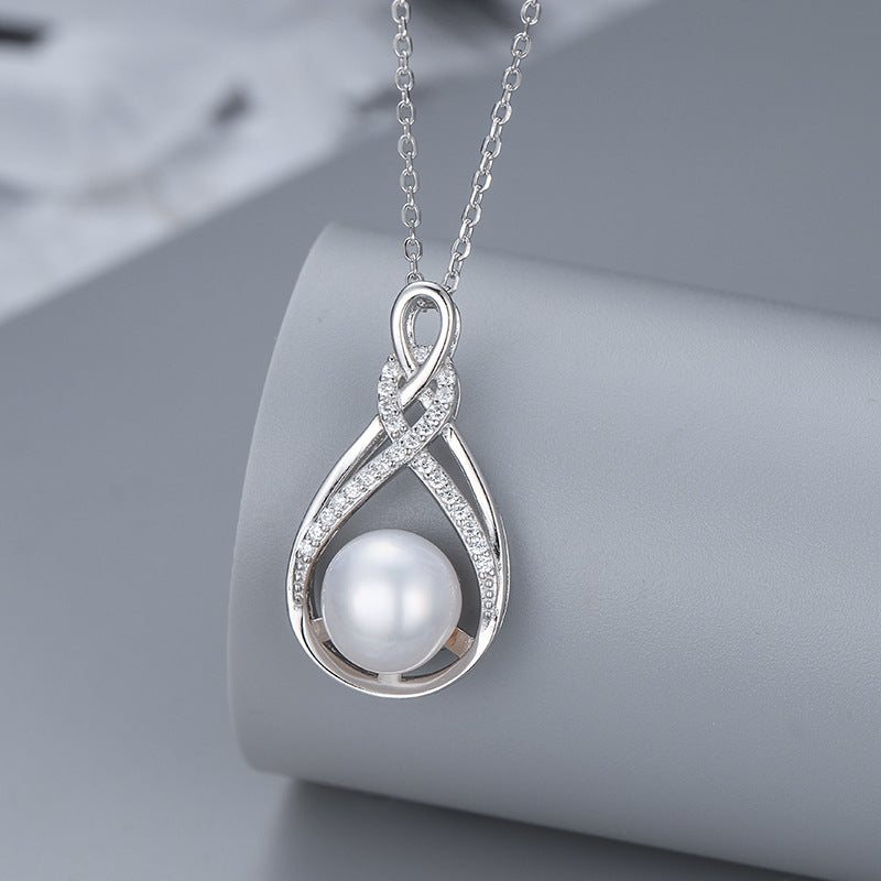 Freshwater Pearl Raindrop Double Twist  Pave Pendent Necklace