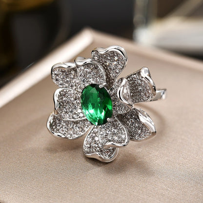 Emerald Camellia Open Ring