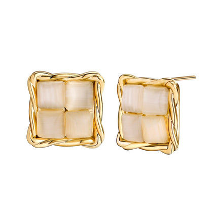 Moonstone Croissant Square Stud Earrings