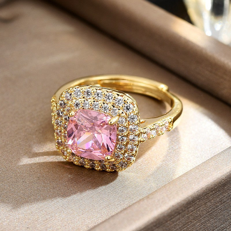 Square Pink Oval Zircon Open Ring