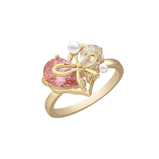 Heart Ribbon Pearl Open Ring