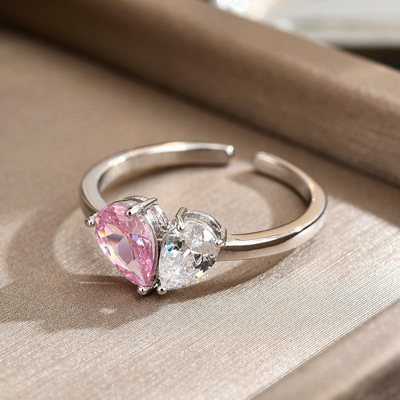 Double Zircon Heart Open Ring