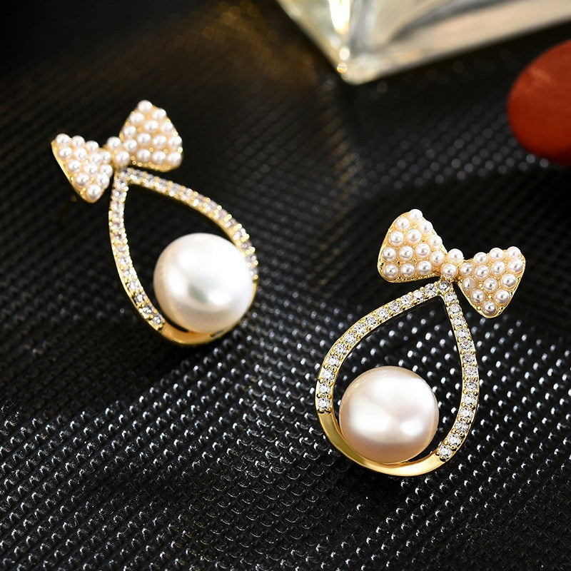 Freshwater Pearl Bow Tie Zircon Stud Earrings