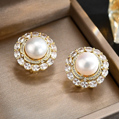 Freshwater Pearl Round Full Zirconia Stud Earrings