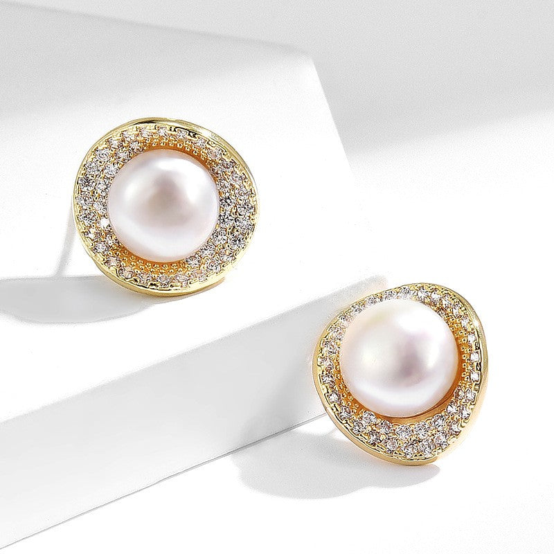 Freshwater Pearl Zirconia Round Stud Earrings