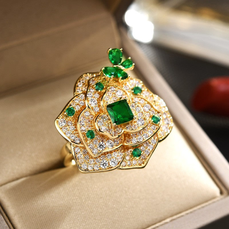 Emerald Butterfly Flower Open Ring