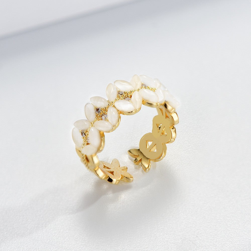 Moonstone Clover Zirconia Gold Open Ring