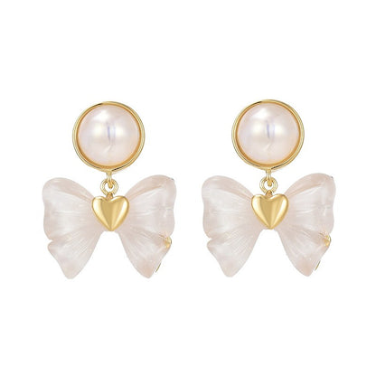 Freshwater Pearl Heart Ribbon Stud Earrings